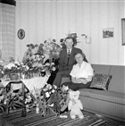 FÖDELSEDAGSFIRANDE BLOMMOR RUMSINTERIÖR KVINNA & MAN
