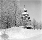 KYRKA VINTERBILD KLOCKSTAPEL FRILUFTSMUSEUM